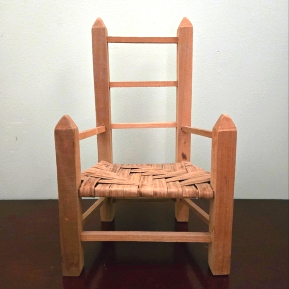 Vintage Wooden Ladderback Woven Miniature Doll Chair